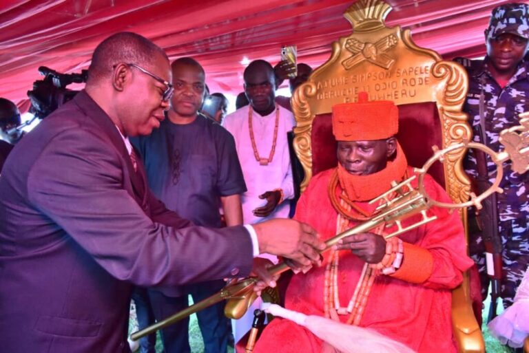 Save my kingdom from herdsmen attacks, Uwheru Monarch cries out  …..as he receives Staff of Office