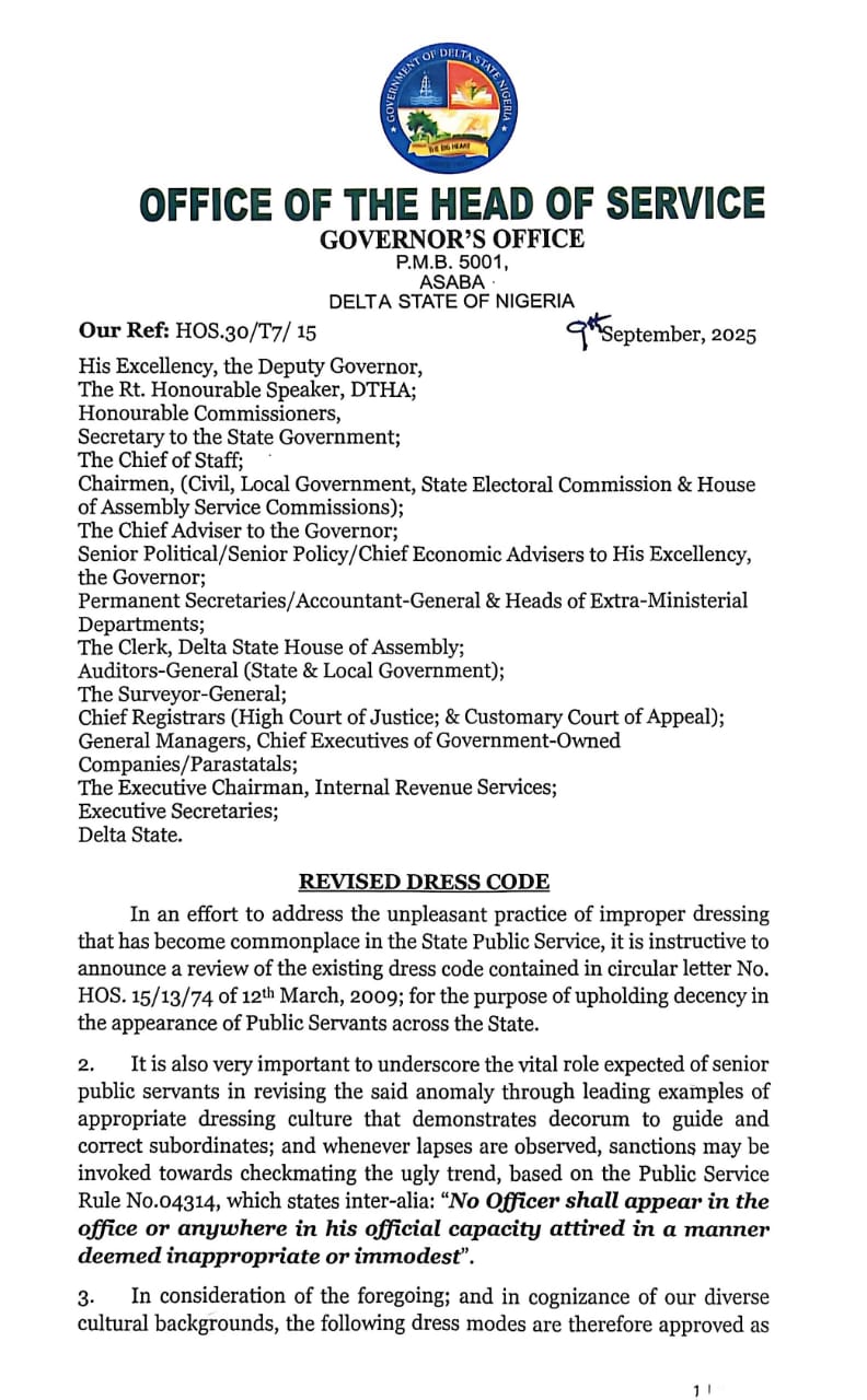 Dress code for Civil Servants backlash: Delta State Gov Sheriff Oborevwori, HoS, Attorney General under fire