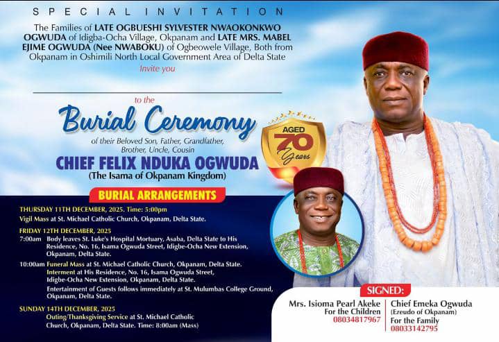 Frontline politician, Chief Felix Nduka Ogwuda whose house was a ‘political mecca’ in Okpanam goes home tomorrow